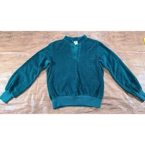 Vintage 70s MOD Velour Sweater Womens LG Dark Green V-Neck Zig Zag Pattern